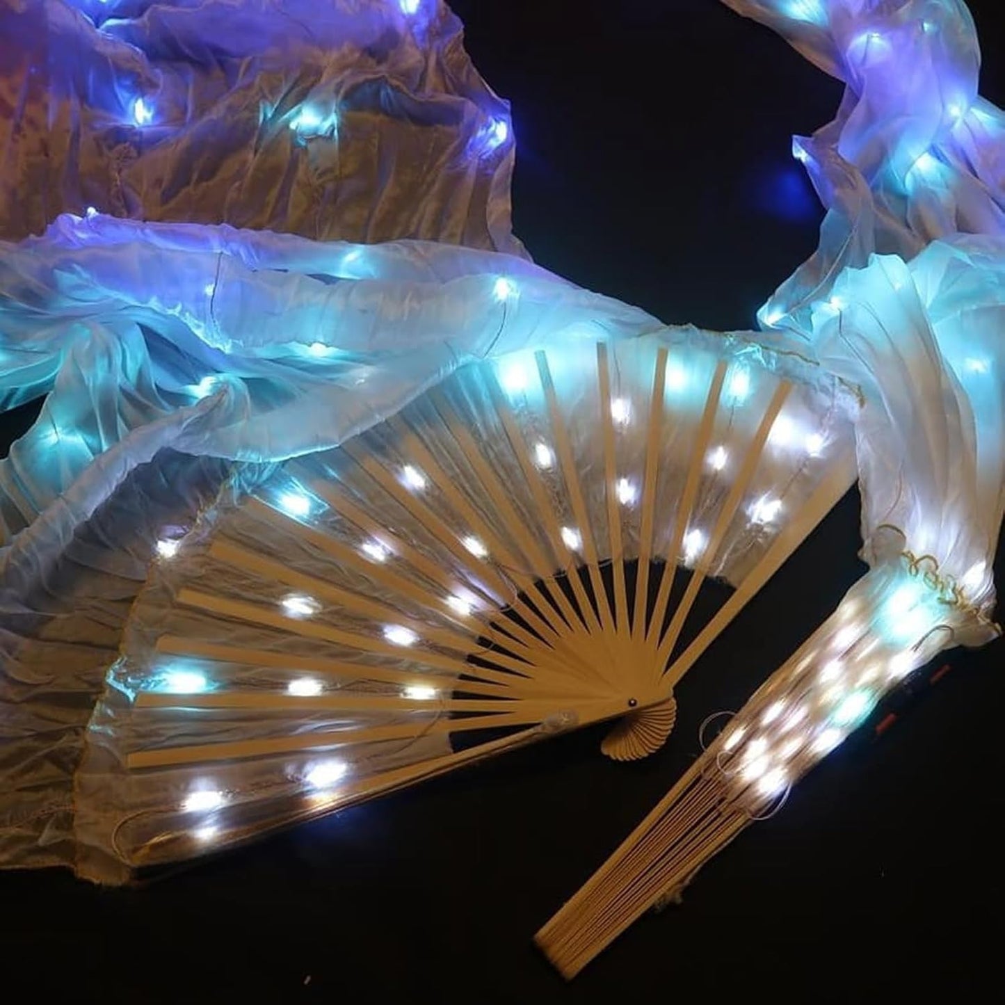 2Pcs Vibrant LED Flow Fans Light up Rave Fan Silk Fans for Dancing Belly Dance Fans LED Fans Rave Festival Wedding Performance Cosplay Carnival Glowing Hand Fan