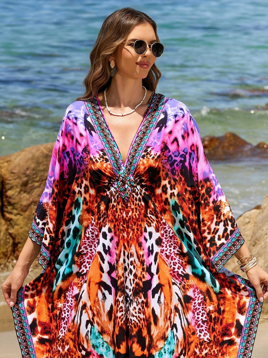 Kaftan Dresses for Women plus Size V-Neck Moo Moos Batwing Kaftan Beach Dress Bathing Suit Cover-Up Loungewear