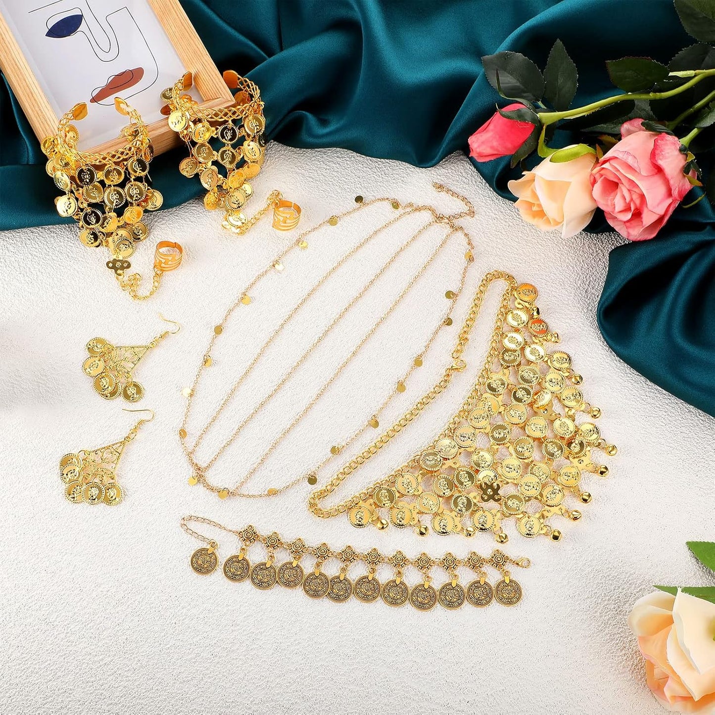 Belly Dance Jewelry Set Women Belly Dance Gold Sequins Head Chain Coins Necklace Earrings Bracelets Bohemian Tassel Anklet Chain Hand Ring Bracelet Anklet Coin Veil Necklace