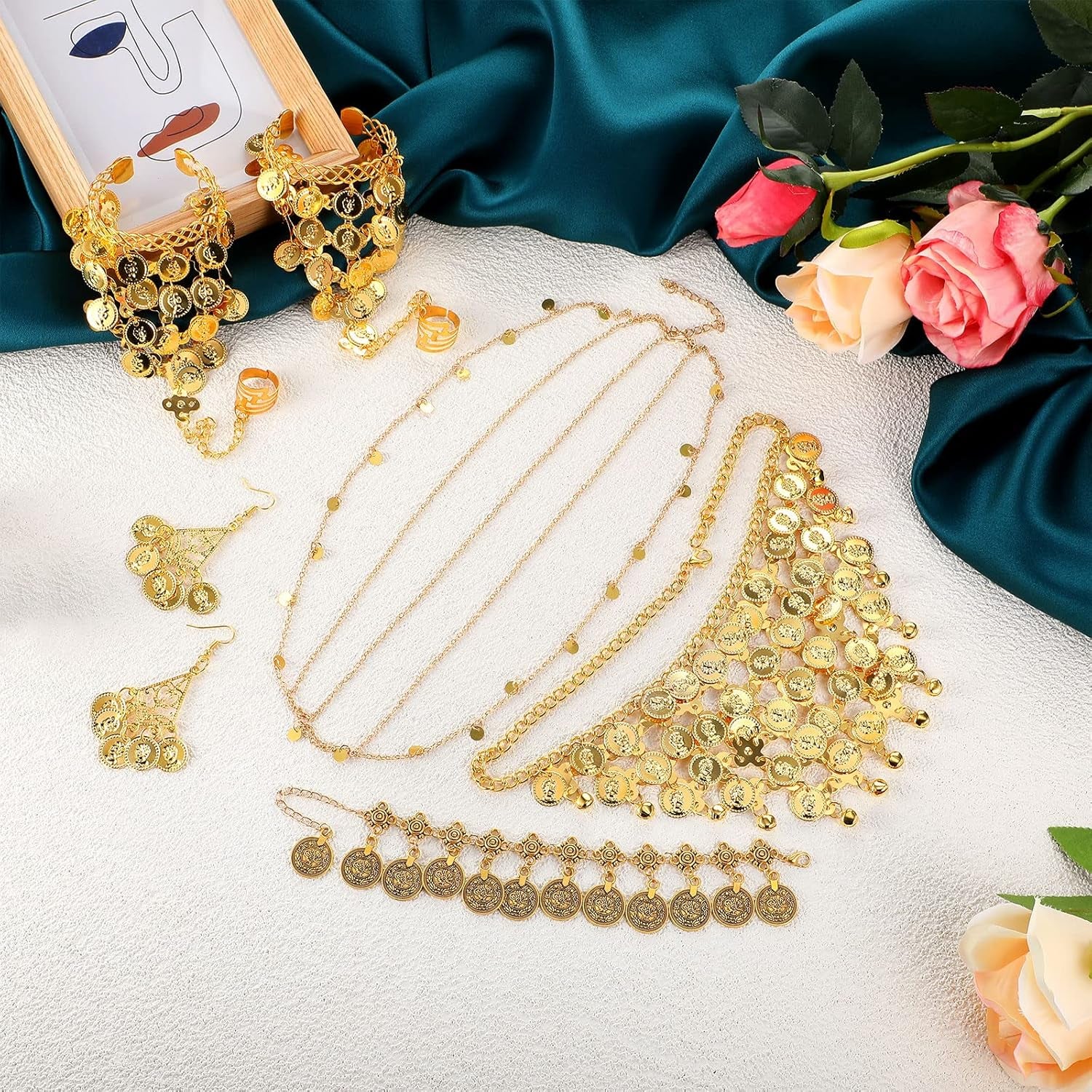 Belly Dance Jewelry Set Women Belly Dance Gold Sequins Head Chain Coins Necklace Earrings Bracelets Bohemian Tassel Anklet Chain Hand Ring Bracelet Anklet Coin Veil Necklace