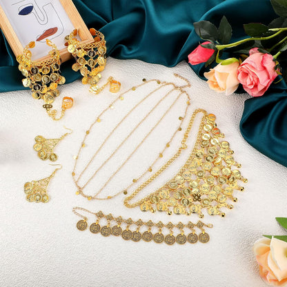 Belly Dance Jewelry Set Women Belly Dance Gold Sequins Head Chain Coins Necklace Earrings Bracelets Bohemian Tassel Anklet Chain Hand Ring Bracelet Anklet Coin Veil Necklace