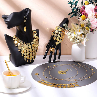 Belly Dance Jewelry Set Women Belly Dance Gold Sequins Head Chain Coins Necklace Earrings Bracelets Bohemian Tassel Anklet Chain Hand Ring Bracelet Anklet Coin Veil Necklace