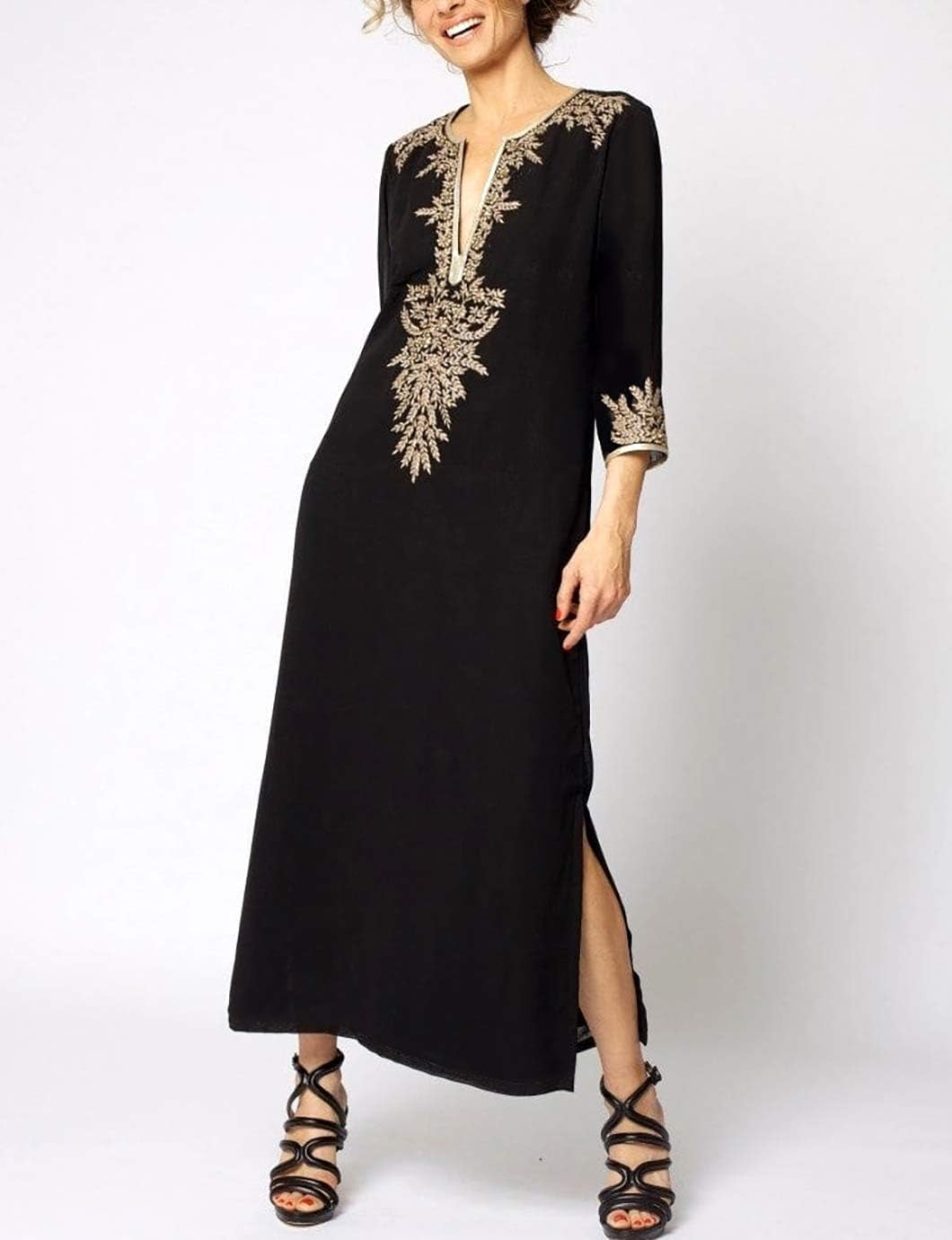 Golden Embroidery Swimsuit Cover Ups for Women 3/4 Sleeve Side Spilt Beach Long Kaftan Dress