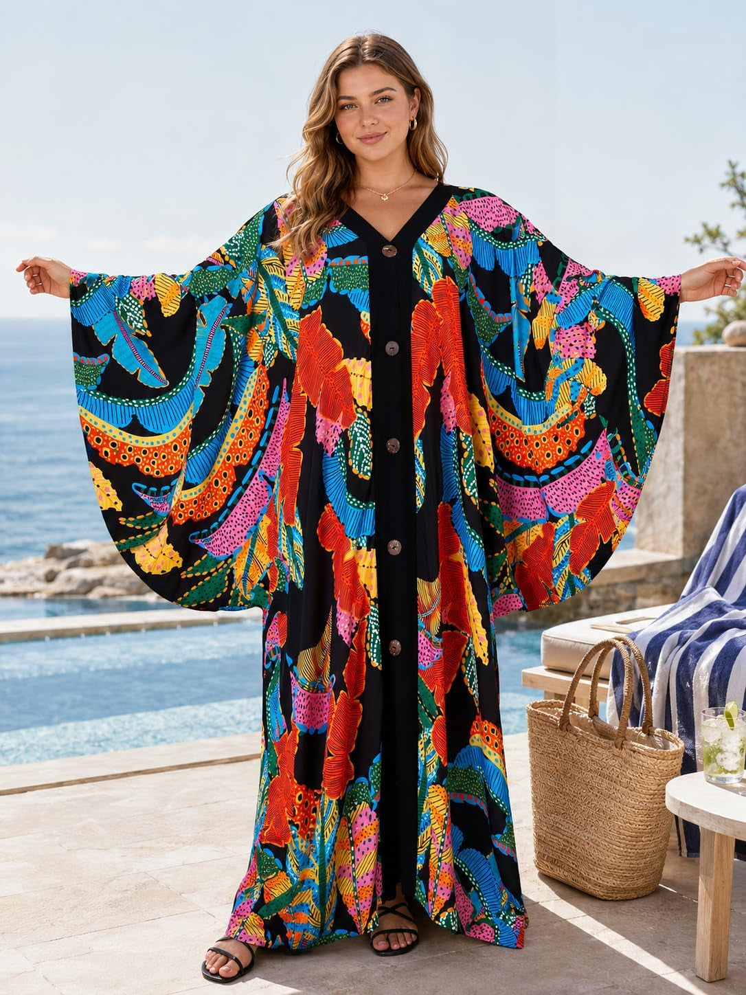 Caftans for Women plus Size V-Neck Batwing Sleeve Kaftan Dress for Beach Swimwear Cover-Up Loungewear Mumu Dresses