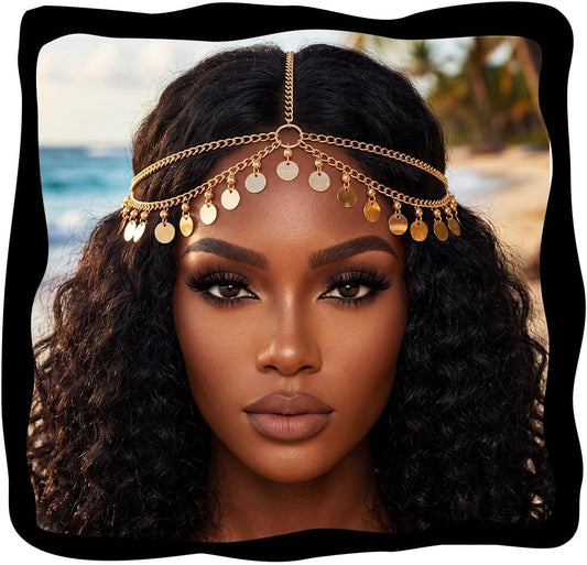 Sequin Boho Head Chain Jewelry Gold Headpiece Hair Chains Festival Costume Headband Hair Accessories for Women