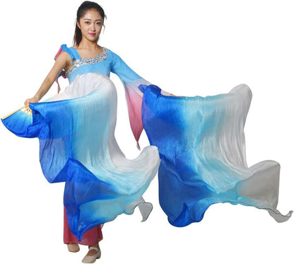 1 Pair(Left+Right) Women Real Silk Belly Dance Fan Veil, Length 180Cm Width 90Cm